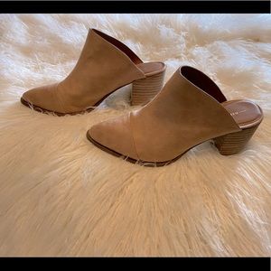 Tan suede block heel mules
